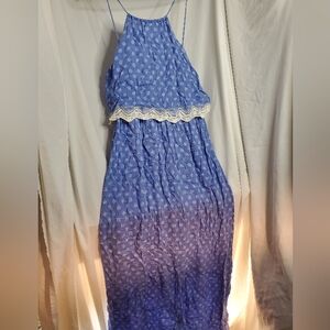 Blue Sleeveless Maxi Dress with Lace Trim Size M medium  Miami Made in USA